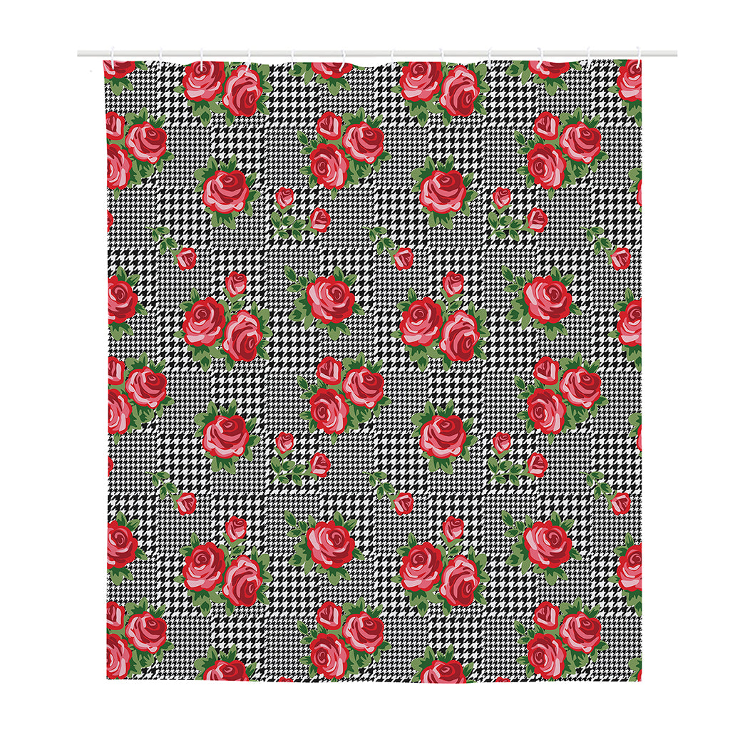 Red Roses Houndstooth Pattern Print Polyester Shower Curtain