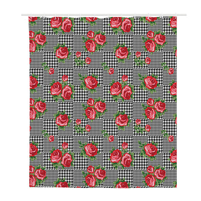 Red Roses Houndstooth Pattern Print Polyester Shower Curtain