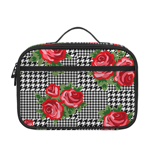Red Roses Houndstooth Pattern Print Portable Lunch Bag