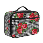 Red Roses Houndstooth Pattern Print Portable Lunch Bag