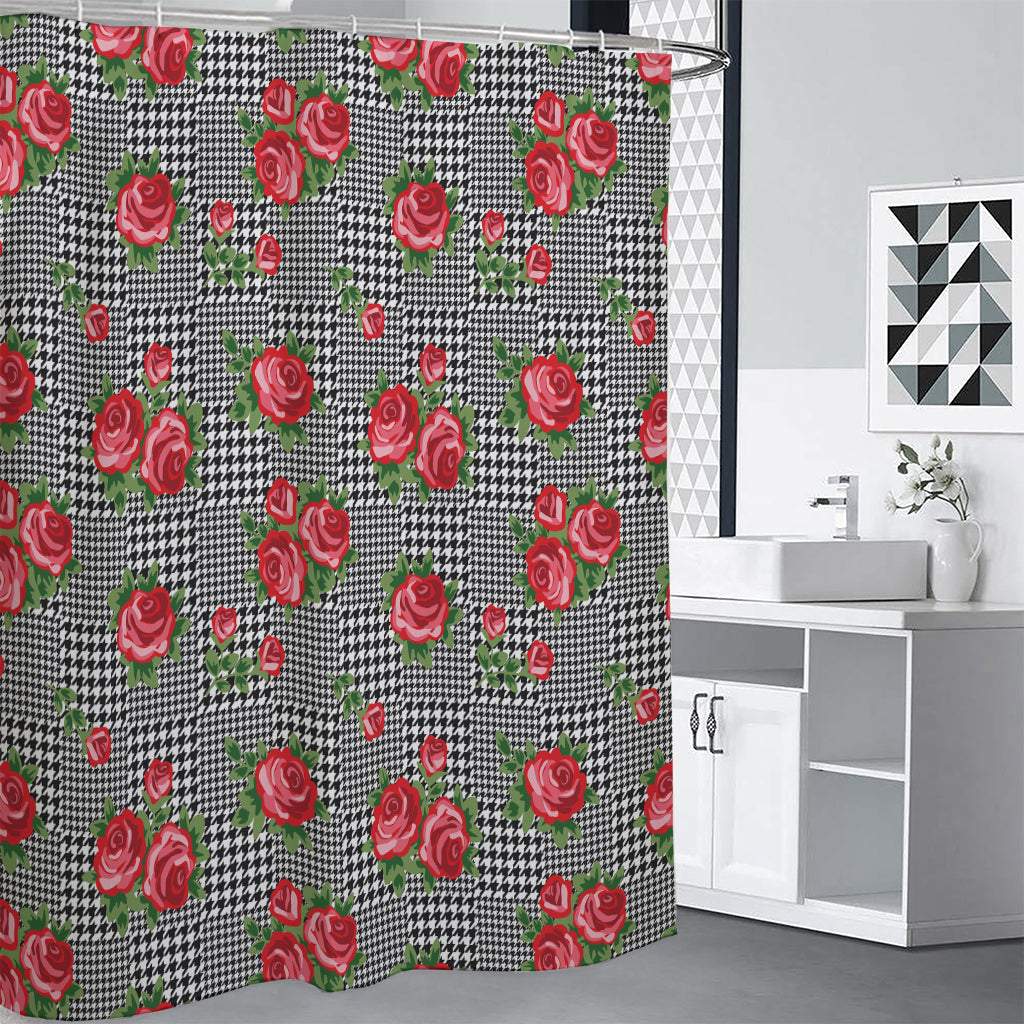 Red Roses Houndstooth Pattern Print Premium Shower Curtain