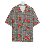 Red Roses Houndstooth Pattern Print Rayon Hawaiian Shirt