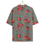 Red Roses Houndstooth Pattern Print Rayon Hawaiian Shirt