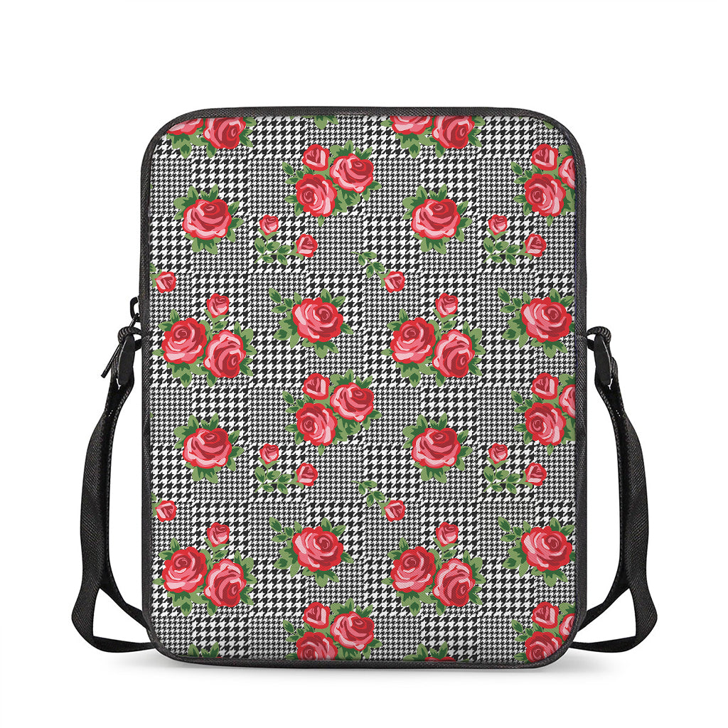 Red Roses Houndstooth Pattern Print Rectangular Crossbody Bag