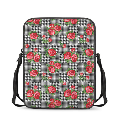 Red Roses Houndstooth Pattern Print Rectangular Crossbody Bag