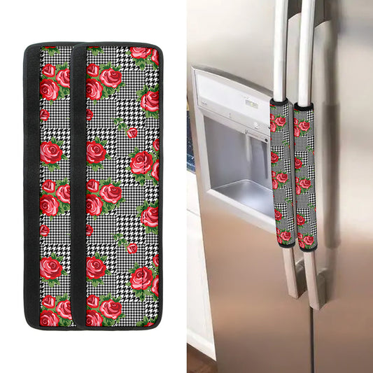 Red Roses Houndstooth Pattern Print Refrigerator Handle Covers
