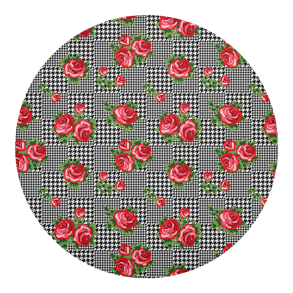 Red Roses Houndstooth Pattern Print Round Blanket