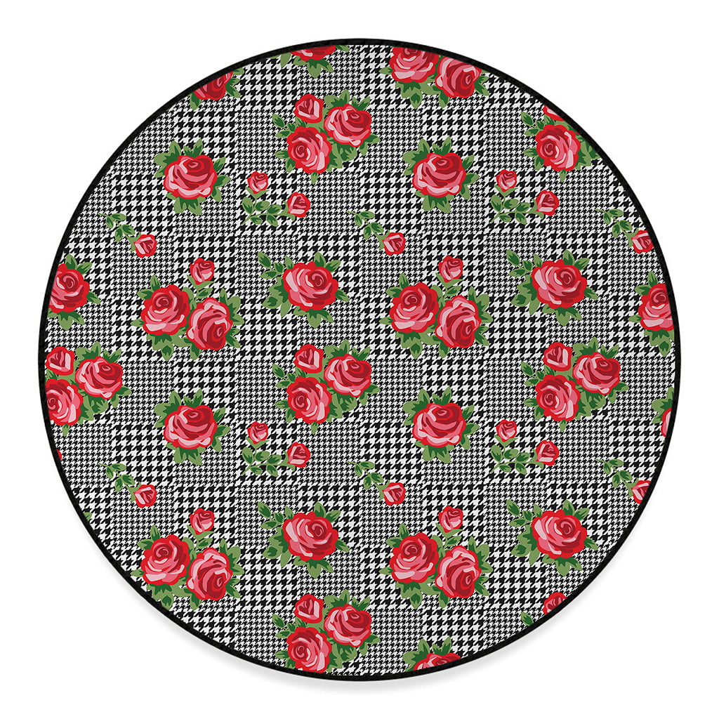 Red Roses Houndstooth Pattern Print Round Floor Mat