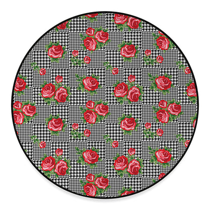 Red Roses Houndstooth Pattern Print Round Floor Mat