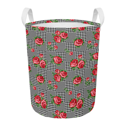Red Roses Houndstooth Pattern Print Round Laundry Basket