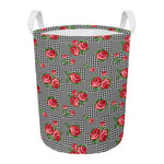 Red Roses Houndstooth Pattern Print Round Laundry Basket