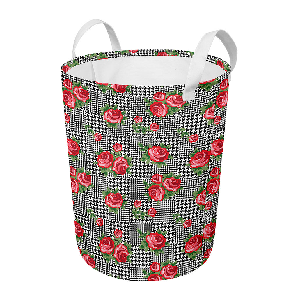 Red Roses Houndstooth Pattern Print Round Laundry Basket