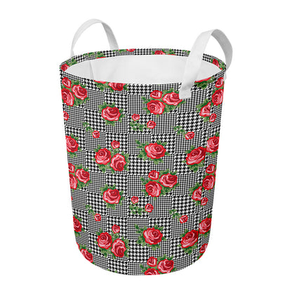 Red Roses Houndstooth Pattern Print Round Laundry Basket