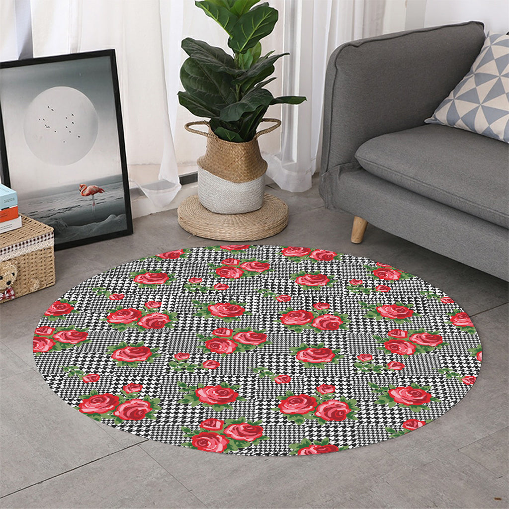 Red Roses Houndstooth Pattern Print Round Rug