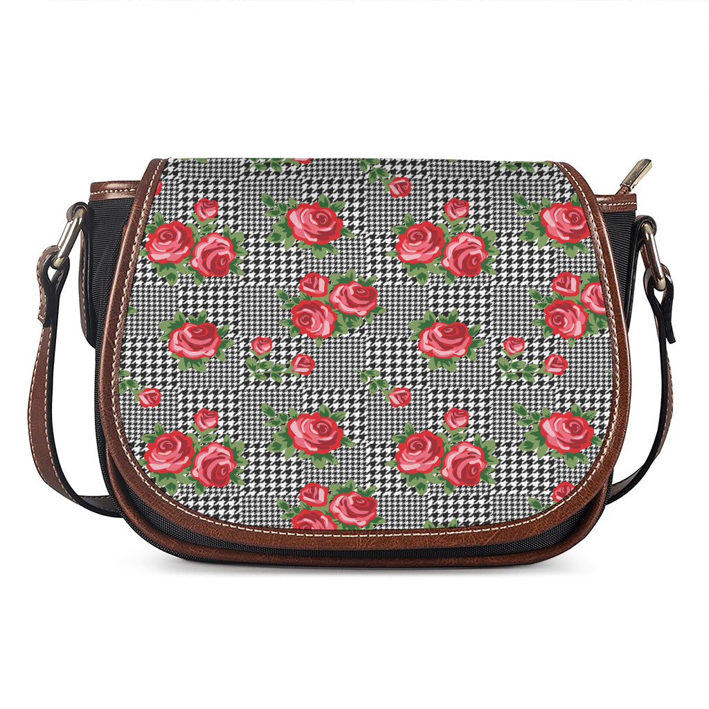 Red Roses Houndstooth Pattern Print Saddle Bag