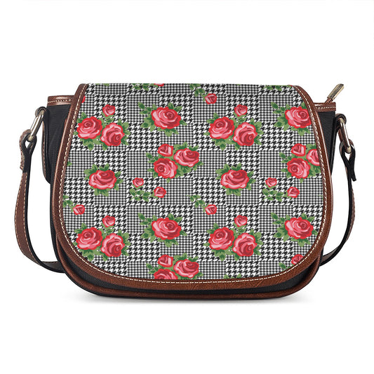 Red Roses Houndstooth Pattern Print Saddle Bag
