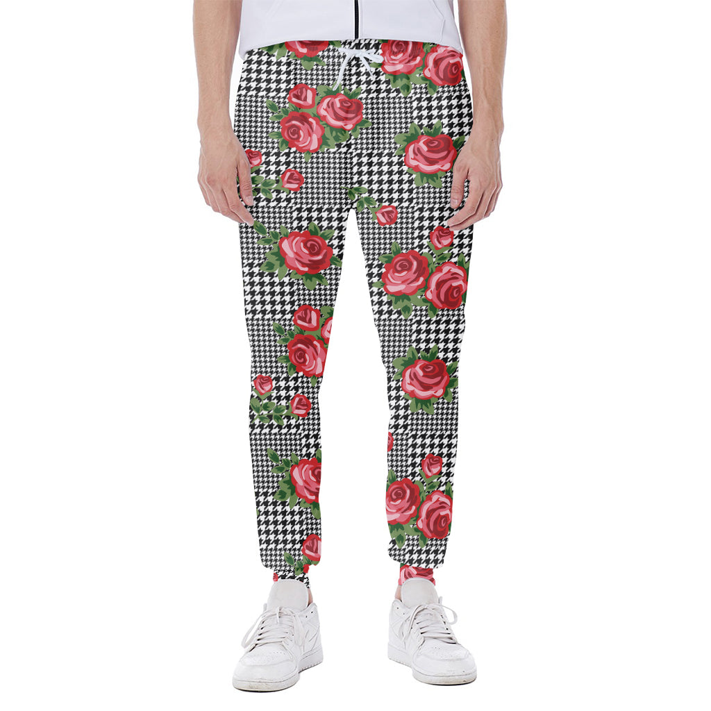 Red Roses Houndstooth Pattern Print Scuba Joggers