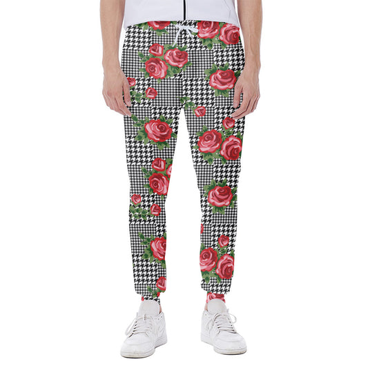Red Roses Houndstooth Pattern Print Scuba Joggers