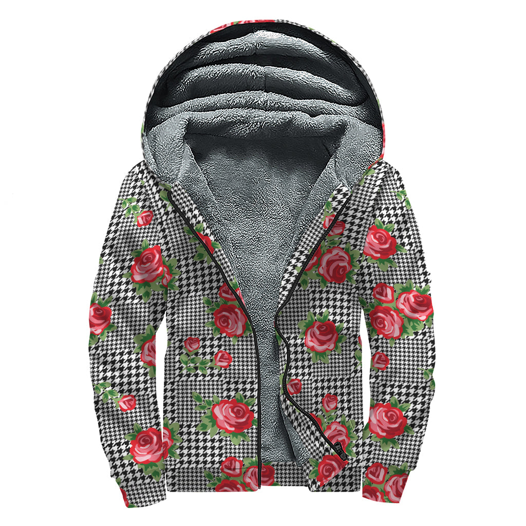 Red Roses Houndstooth Pattern Print Sherpa Lined Zip Up Hoodie