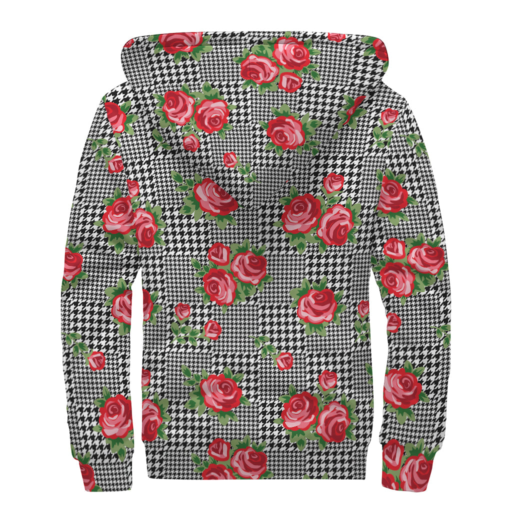 Red Roses Houndstooth Pattern Print Sherpa Lined Zip Up Hoodie