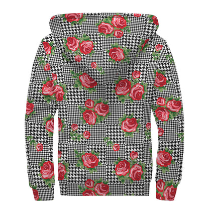 Red Roses Houndstooth Pattern Print Sherpa Lined Zip Up Hoodie