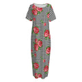Red Roses Houndstooth Pattern Print Short Sleeve Long Nightdress