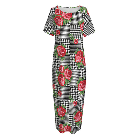 Red Roses Houndstooth Pattern Print Short Sleeve Long Nightdress