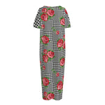 Red Roses Houndstooth Pattern Print Short Sleeve Long Nightdress