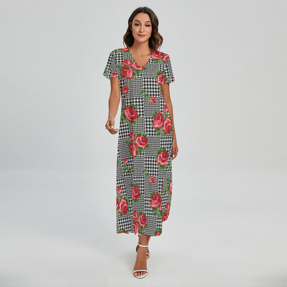 Red Roses Houndstooth Pattern Print Short Sleeve Maxi Dress