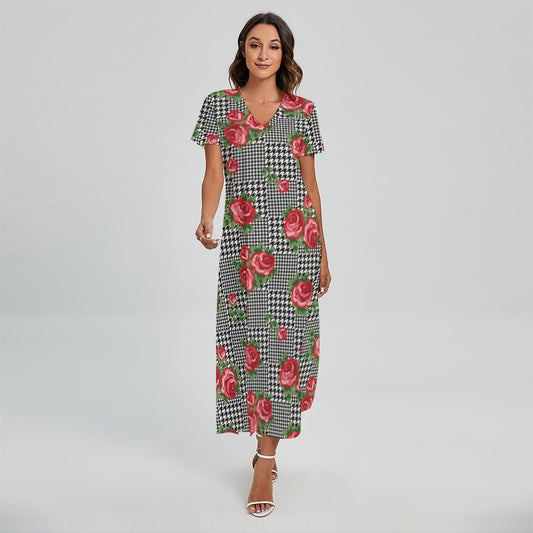 Red Roses Houndstooth Pattern Print Short Sleeve Maxi Dress