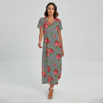 Red Roses Houndstooth Pattern Print Short Sleeve Maxi Dress