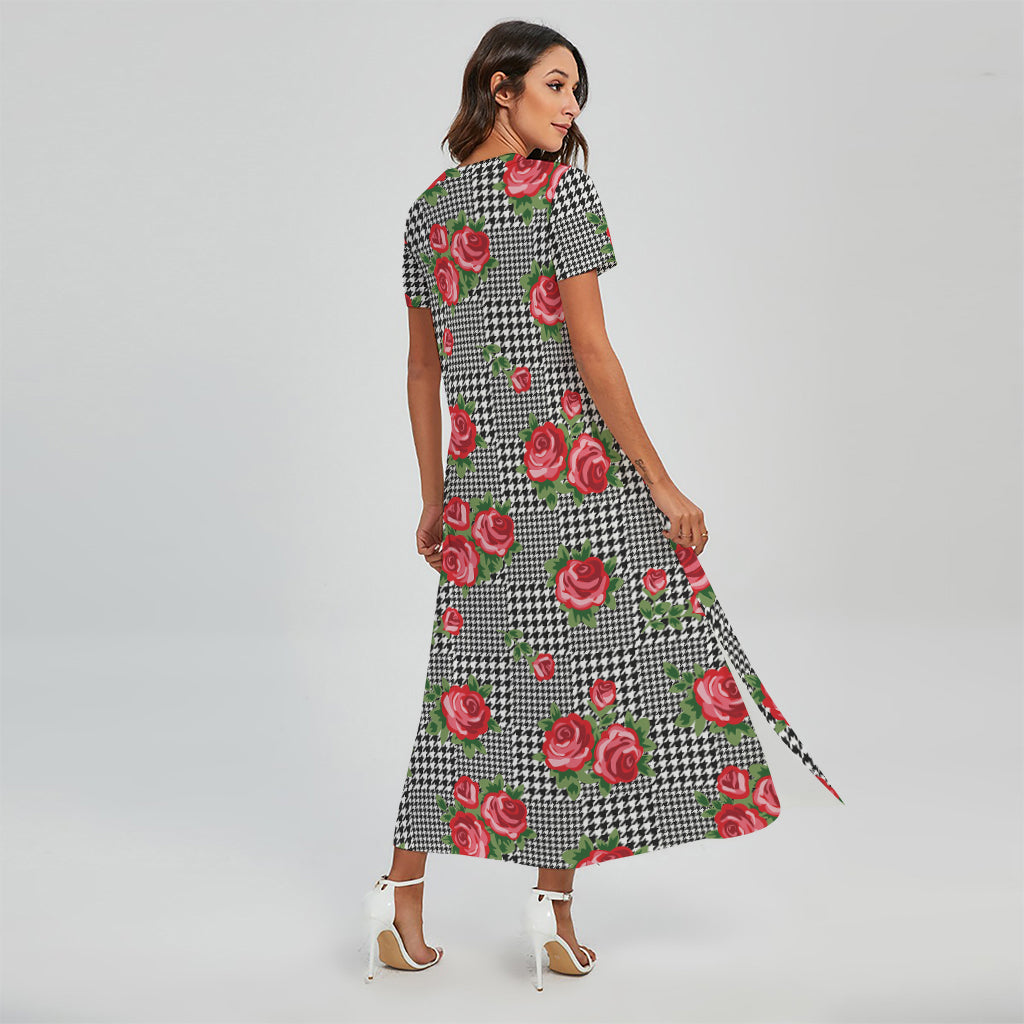 Red Roses Houndstooth Pattern Print Short Sleeve Maxi Dress
