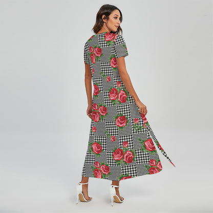 Red Roses Houndstooth Pattern Print Short Sleeve Maxi Dress