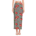 Red Roses Houndstooth Pattern Print Side Slit Maxi Skirt