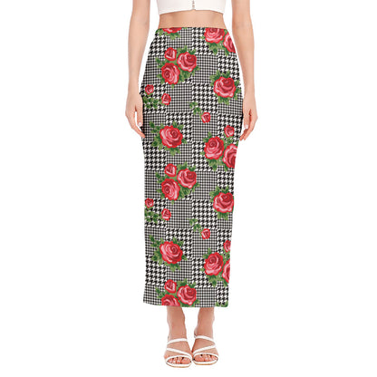 Red Roses Houndstooth Pattern Print Side Slit Maxi Skirt