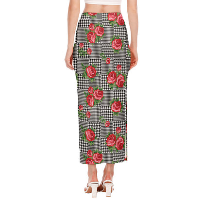 Red Roses Houndstooth Pattern Print Side Slit Maxi Skirt
