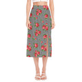 Red Roses Houndstooth Pattern Print Side Slit Midi Skirt