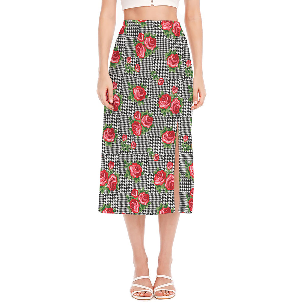 Red Roses Houndstooth Pattern Print Side Slit Midi Skirt