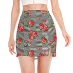 Red Roses Houndstooth Pattern Print Side Slit Mini Skirt