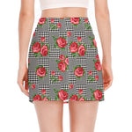 Red Roses Houndstooth Pattern Print Side Slit Mini Skirt