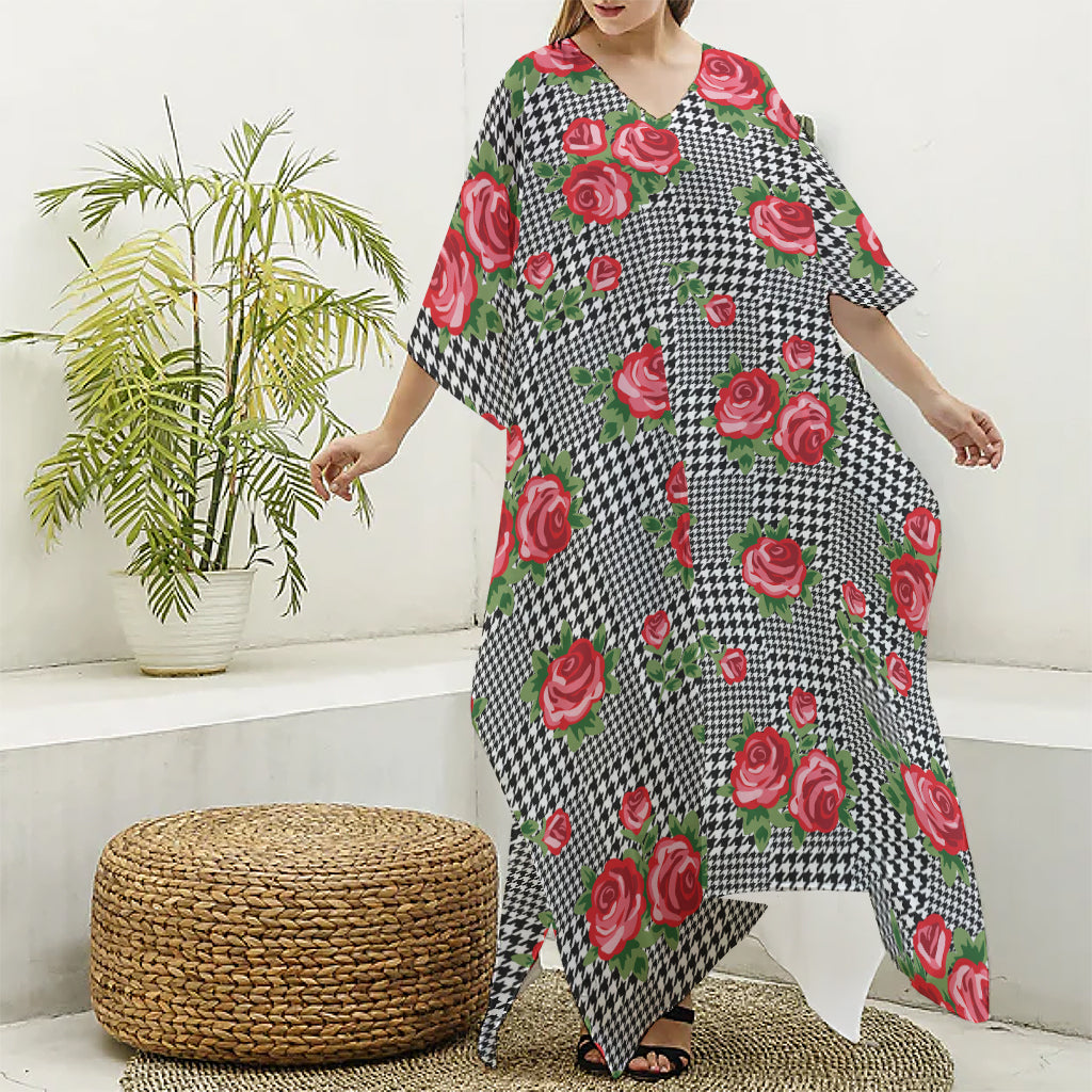 Red Roses Houndstooth Pattern Print Silk V-Neck Kaftan Dress