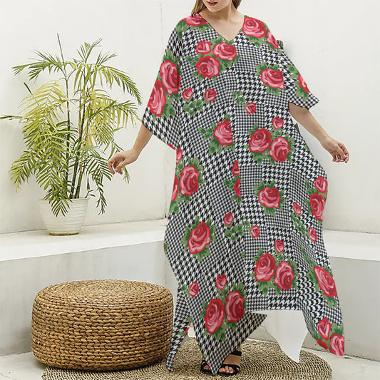Red Roses Houndstooth Pattern Print Silk V-Neck Kaftan Dress