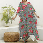 Red Roses Houndstooth Pattern Print Silk V-Neck Kaftan Dress