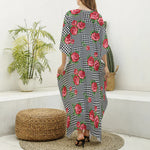Red Roses Houndstooth Pattern Print Silk V-Neck Kaftan Dress