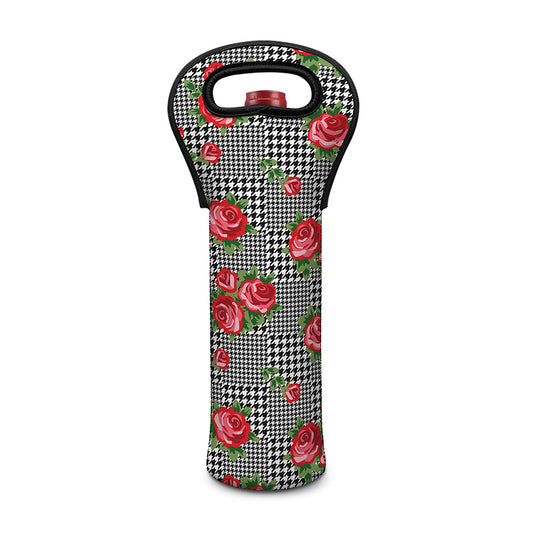 Red Roses Houndstooth Pattern Print Single Neoprene Wine Tote
