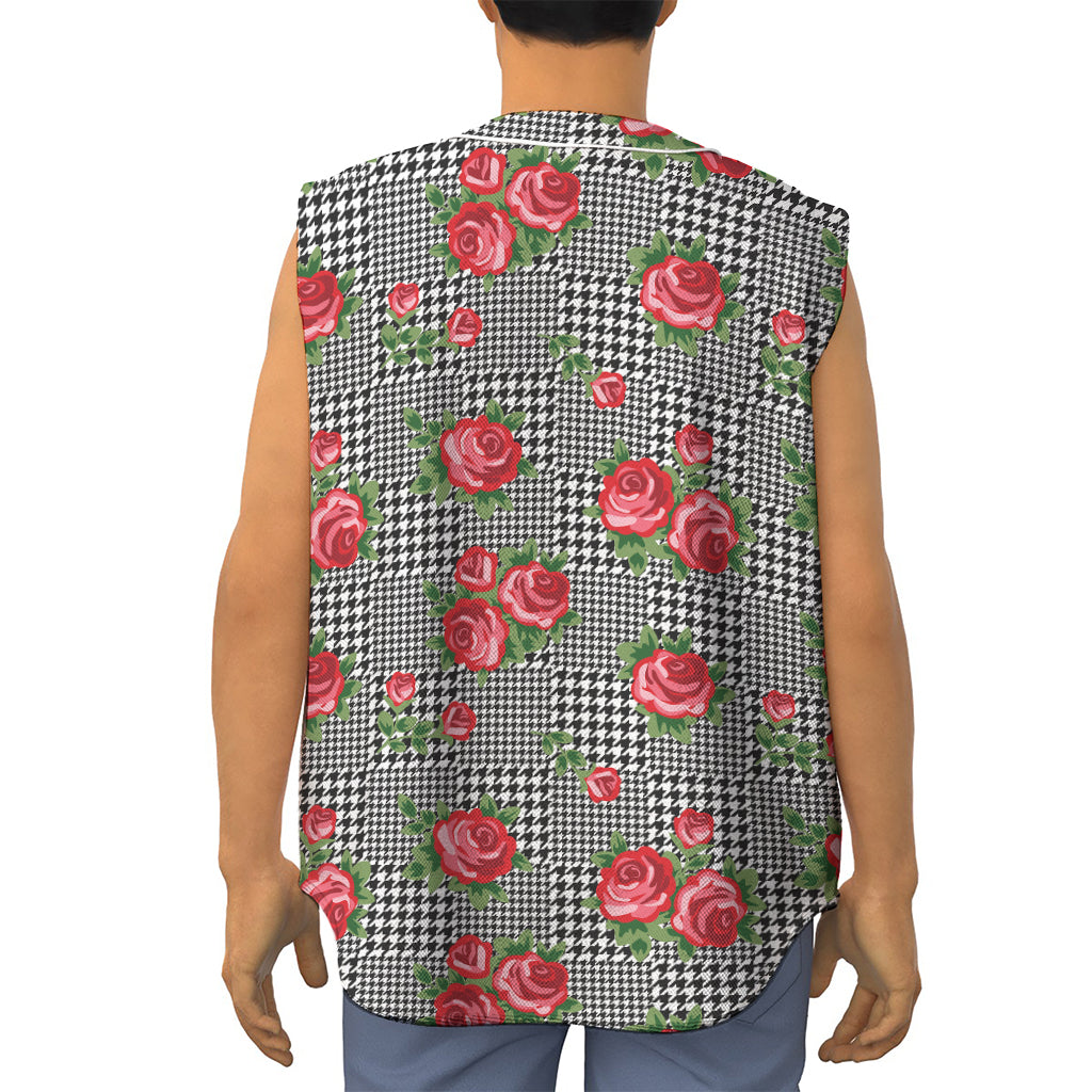 Red Roses Houndstooth Pattern Print Sleeveless Baseball Jersey