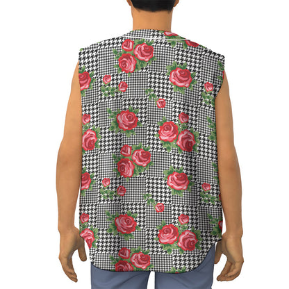 Red Roses Houndstooth Pattern Print Sleeveless Baseball Jersey