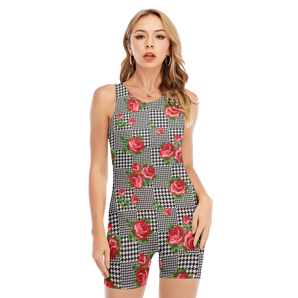 Red Roses Houndstooth Pattern Print Sleeveless One Piece Swimsuit