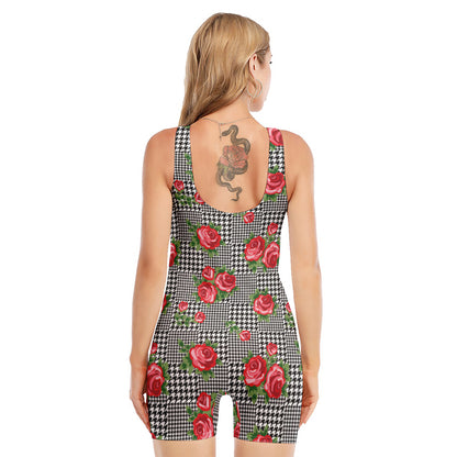 Red Roses Houndstooth Pattern Print Sleeveless One Piece Swimsuit