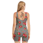 Red Roses Houndstooth Pattern Print Sleeveless One Piece Swimsuit